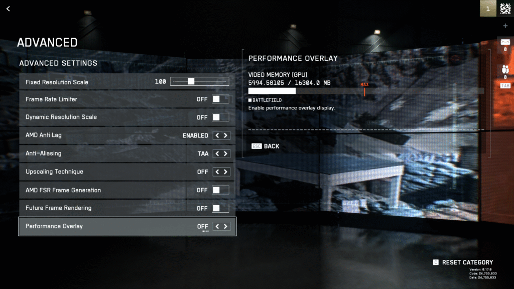 The Advanced Settings menu in Battlefield 6, showing options for Frame Rate Limiter, Upscaling, and a Performance Overlay.