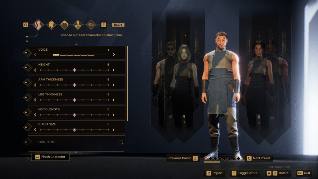 The character customization screen in Dune: Awakening, showing the various sliders for body and voice options.