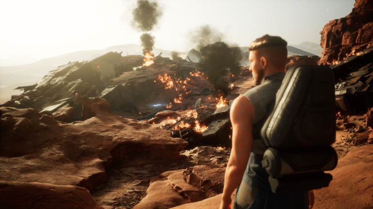 A survivor looks out over the burning wreckage of a crashed starship in the deserts of Arrakis in Dune: Awakening.