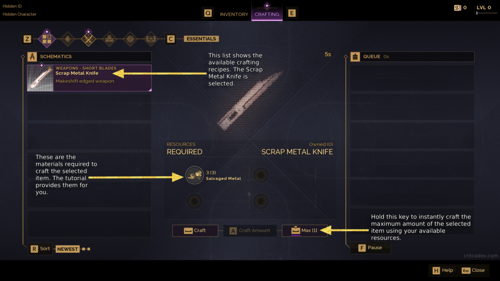 The crafting menu in Dune: Awakening, showing the resources required to craft a Scrap Metal Knife.