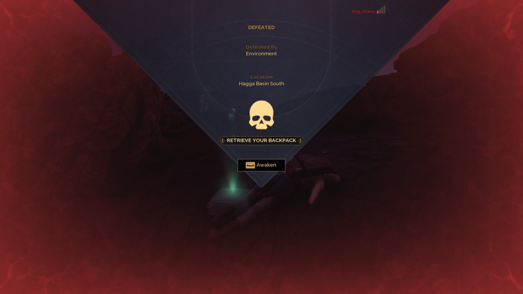 The "DEFEATED" screen in Dune: Awakening, showing the option to respawn and retrieve your backpack.
