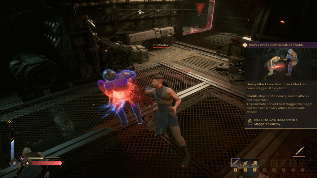A player performs a Slow Blade Attack on a shielded enemy in Dune: Awakening, with the combat tooltip visible.