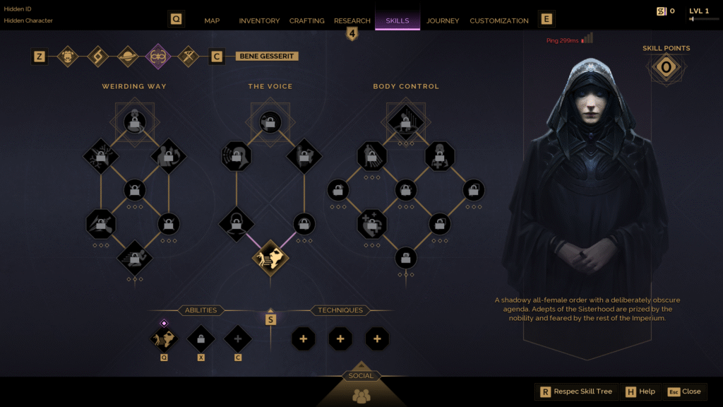 The Skills menu UI in Dune: Awakening, showing the skill trees for the Bene Gesserit class.