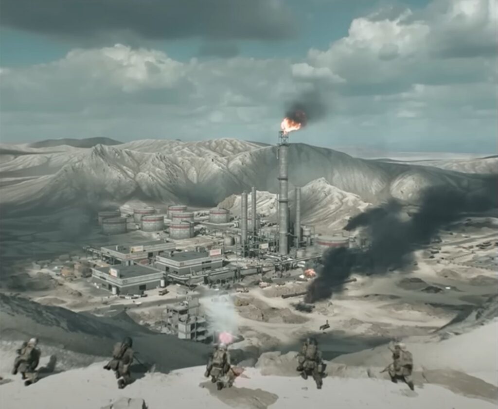 A wide, scenic view of the remastered Operation Firestorm map in Battlefield 6, showing the oil refinery in a desert landscape.