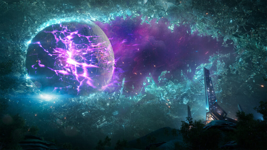 The strange and beautiful alien sky of the planet Kairos in Borderlands 4.