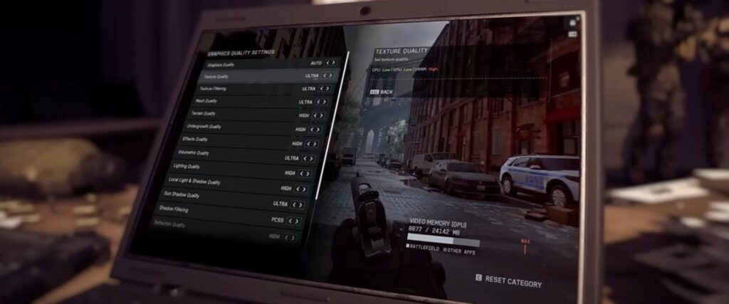 The detailed graphics quality settings menu in the PC version of Battlefield 6, showcasing extensive customization options.