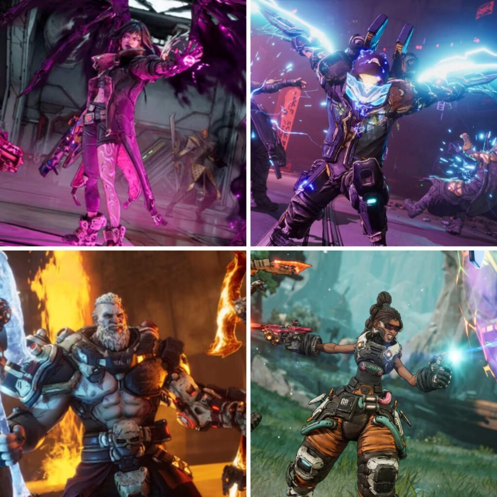 A composite image of the four new playable Vault Hunters in Borderlands 4: Vex, Rafa, Amon, and Harlowe.