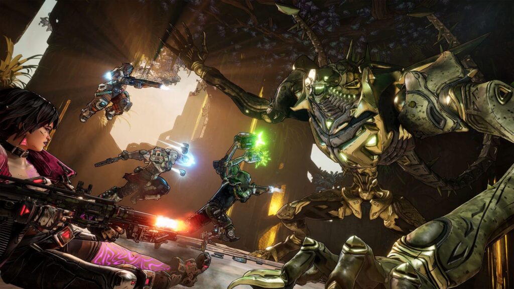 A four-player co-op team battling enemies together in Borderlands 4.