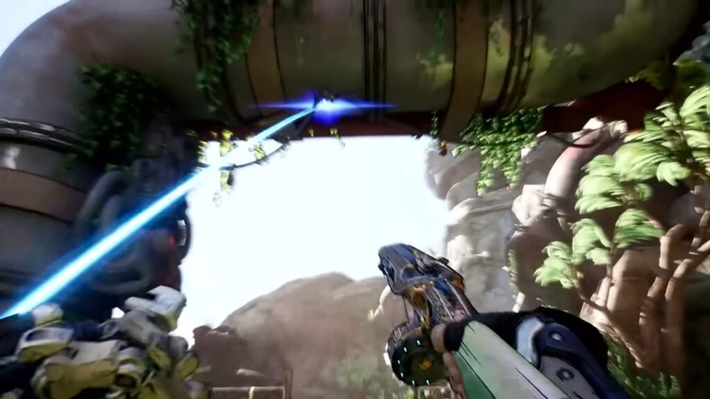 A Vault Hunter using the new grappling hook to traverse the environment in Borderlands 4.