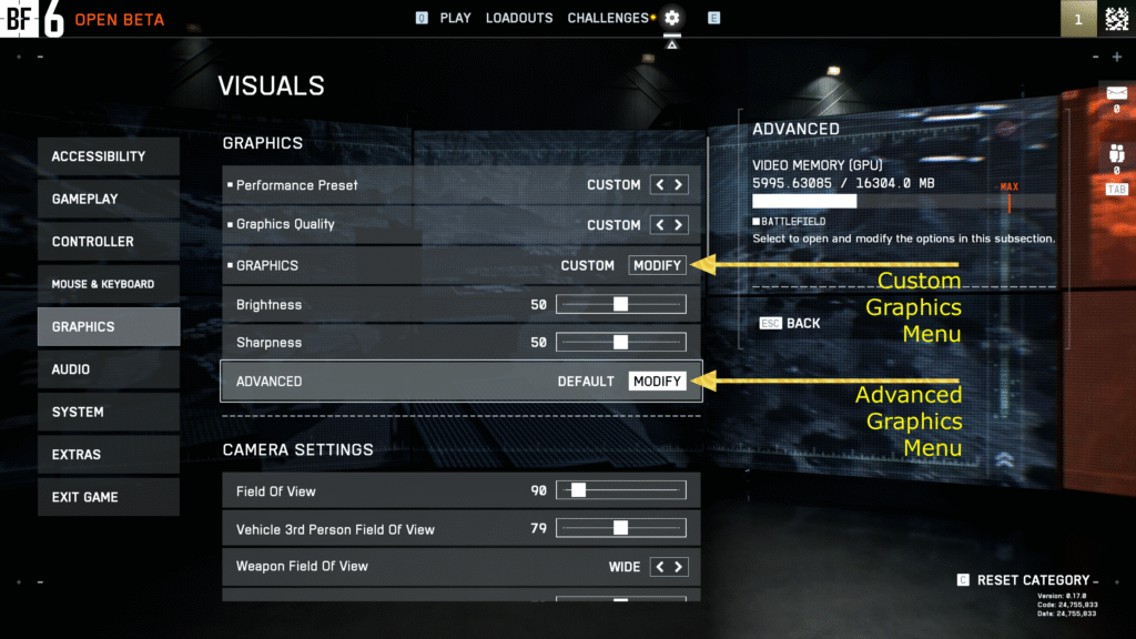 The main Visuals and Graphics menu in the Battlefield 6 settings.