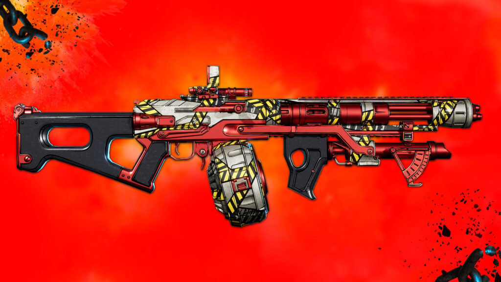 The 'Hazard Pay' assault rifle weapon skin for Borderlands 4, featuring a red, white, and yellow hazard stripe design.