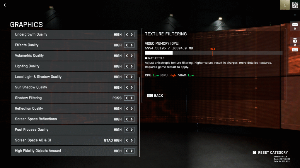 The bottom section of the advanced Graphics Quality settings in Battlefield 6, showing options like Shadow Filtering and Ambient Occlusion.