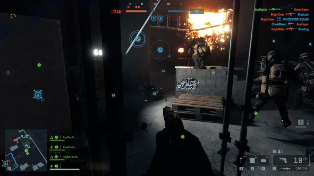 A squad of soldiers fights in a dark, indoor location amidst a fiery explosion during a chaotic Battlefield 6 firefight.