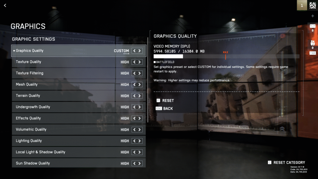 The top section of the advanced Graphics Quality settings in Battlefield 6, showing options like Texture and Mesh Quality.