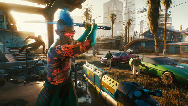 A first-person view of combat in Cyberpunk 2077, with a tattooed enemy brandishing a katana in a sunlit street.