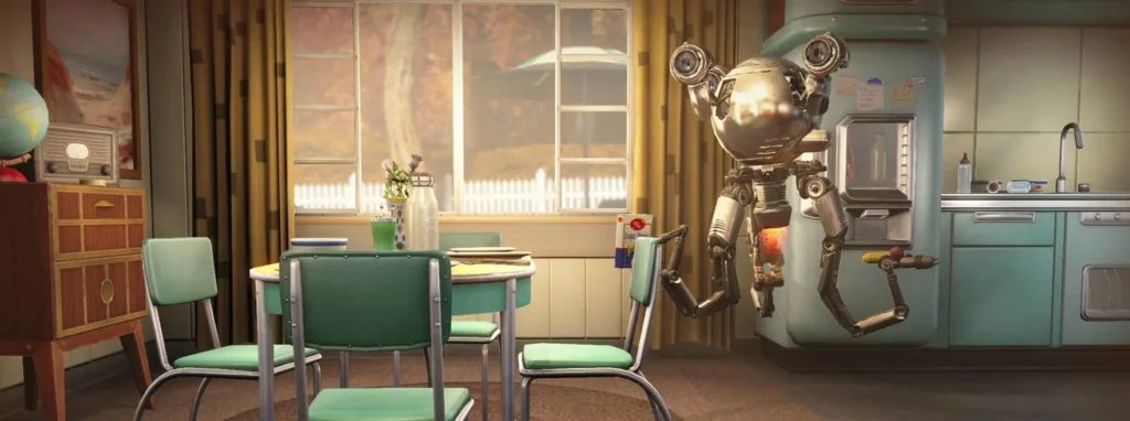A Mr. Handy robot hovers inside a retro-futuristic 1950s-style kitchen from the pre-war era in Fallout 4.