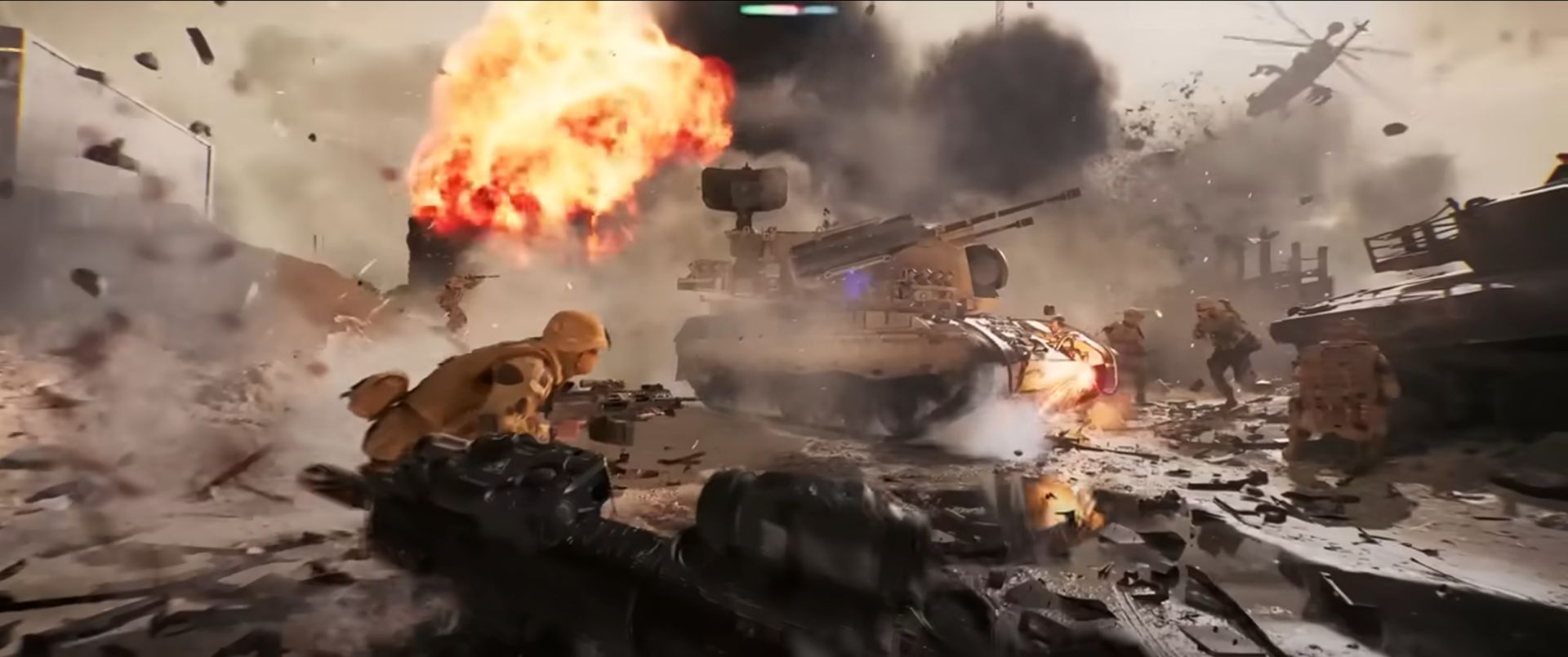 A chaotic, ground-level firefight in Battlefield 6, with tanks and infantry clashing amidst explosions.