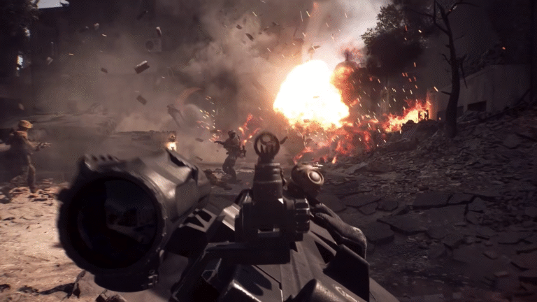 A first-person view of an intense firefight in the Battlefield 6 beta, showing the importance of high FPS for visual clarity during explosions.