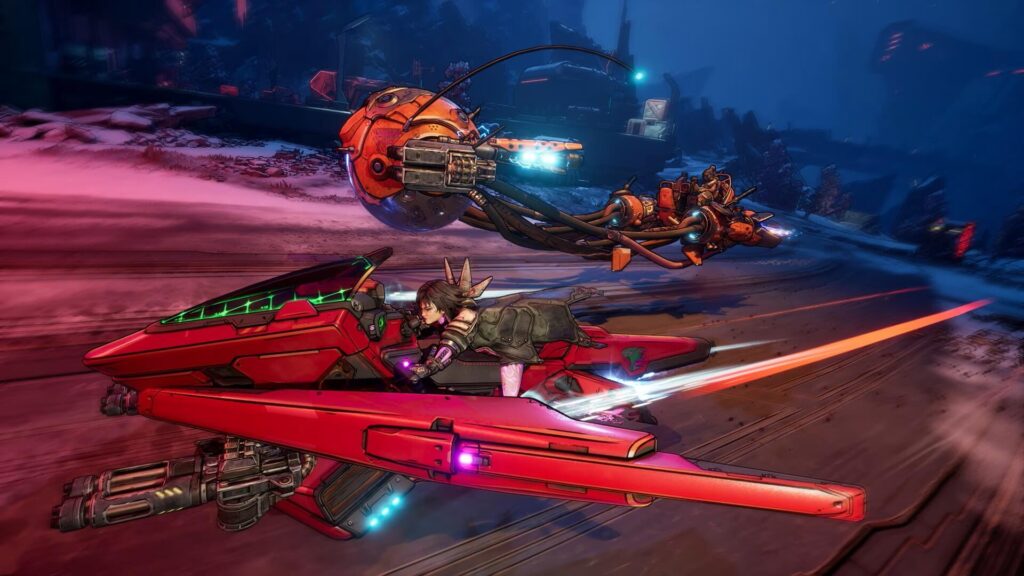 A player riding the customizable Digirunner vehicle across the terrain of Kairos.