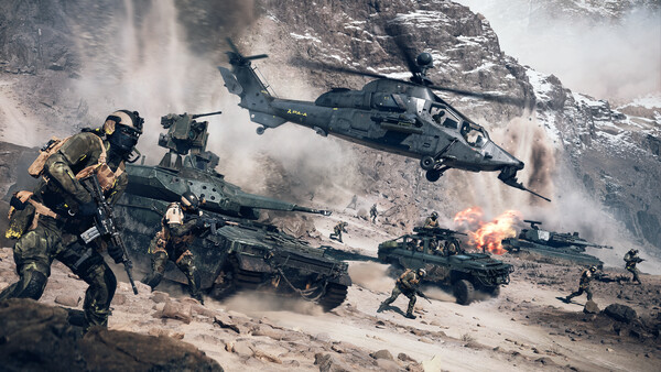 Dynamic promotional art for Battlefield 6 showing soldiers, tanks, and a helicopter in a snowy mountain battlefield.