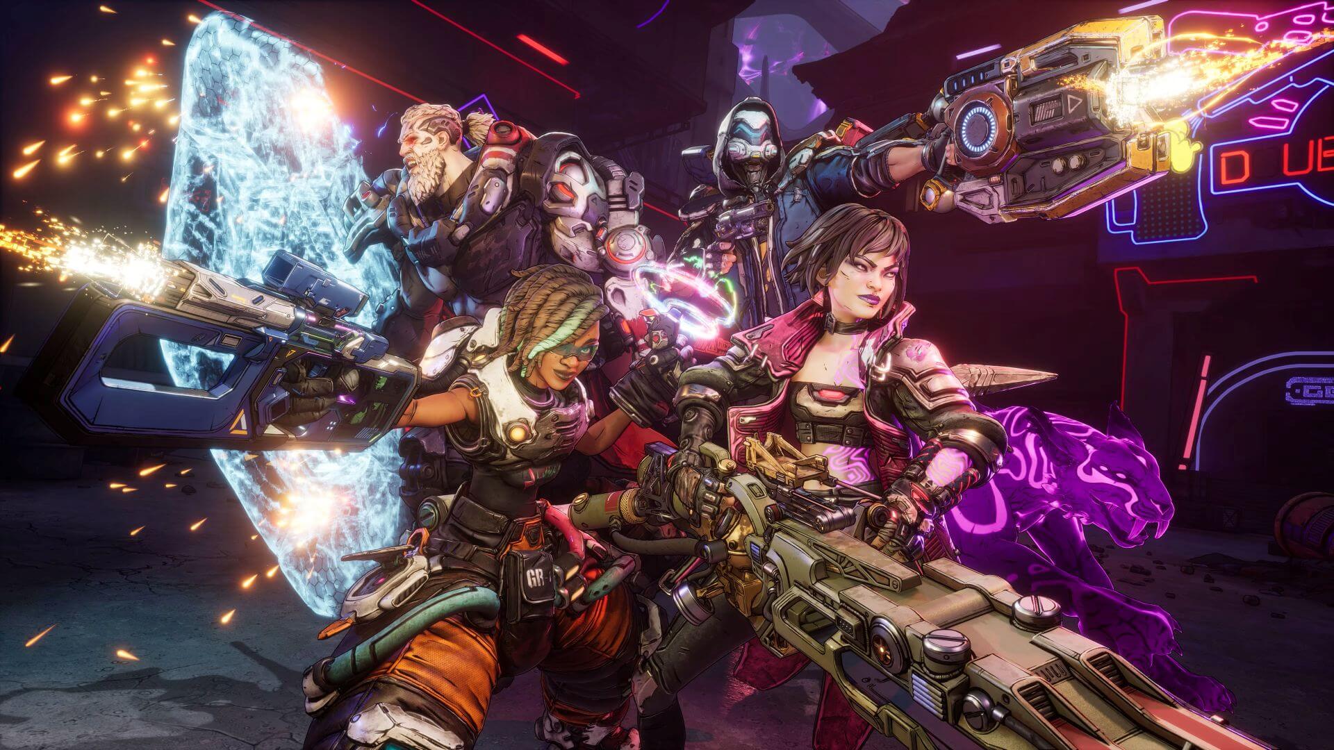 The four new Vault Hunters in Borderlands 4—Amon, Vex, Rafa, and Harlowe—strike a dynamic combat pose.