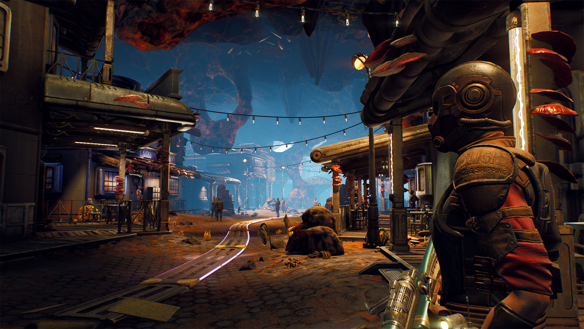 A player character looks out over a vibrant alien landscape in The Outer Worlds.