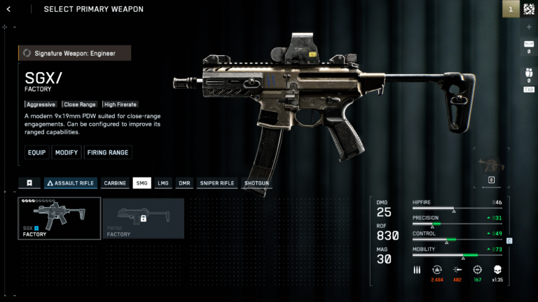 A high-resolution, in-game menu screenshot of the SGX submachine gun in the Battlefield 6 beta.
