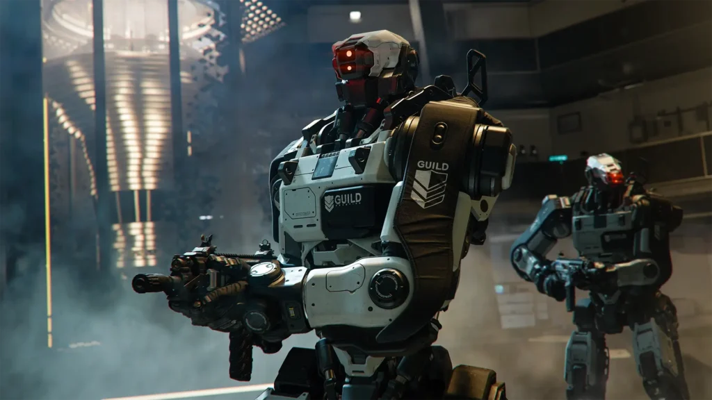 A high-quality screenshot from Call of Duty: Black Ops 7, showing two advanced robotic soldiers in a futuristic hangar.