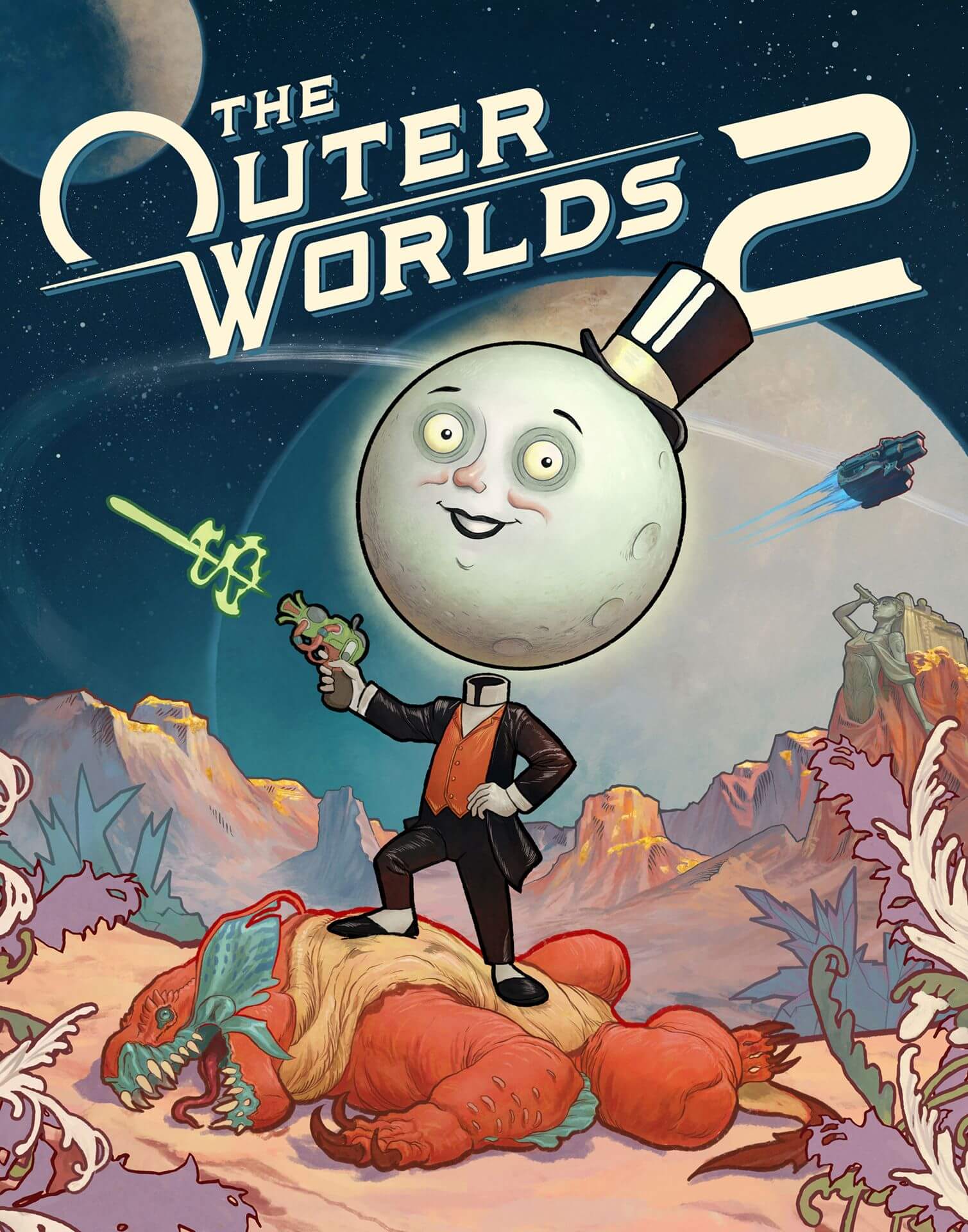 Official key art for The Outer Worlds 2, featuring its satirical moon-headed mascot standing triumphantly over a defeated alien creature.