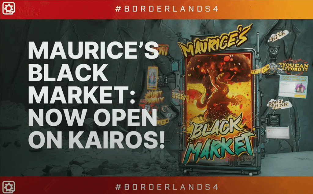 An official graphic from Borderlands 4 announcing the return of Maurice's Black Market, a fan-favorite endgame vendor.