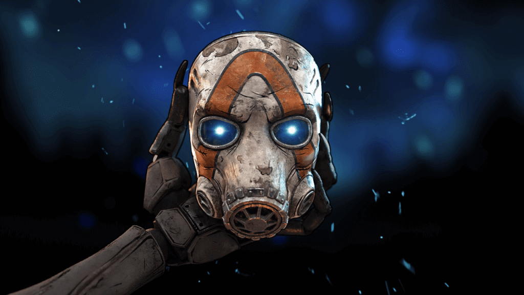 Iconic Borderlands Psycho Mask with glowing blue eyes floating in space