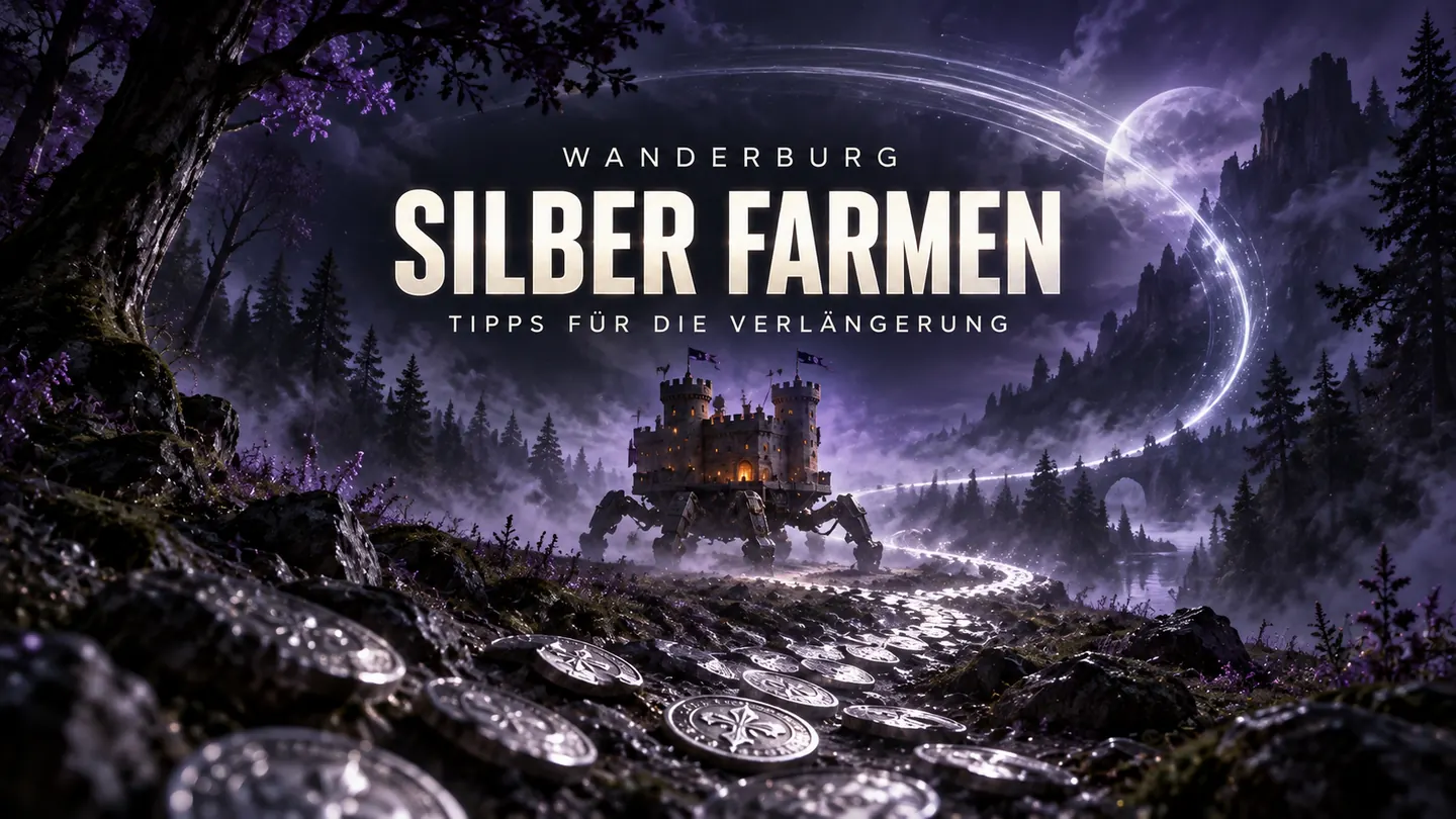 Wanderburg Silber farmen: stilisierte Spinnenburg zwischen Silbermünzen in violetter Waldlandschaft