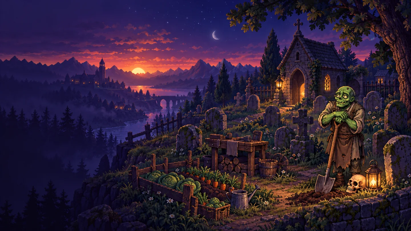 Friedhof und Zombie im Abendlicht – redaktionelle Illustration
