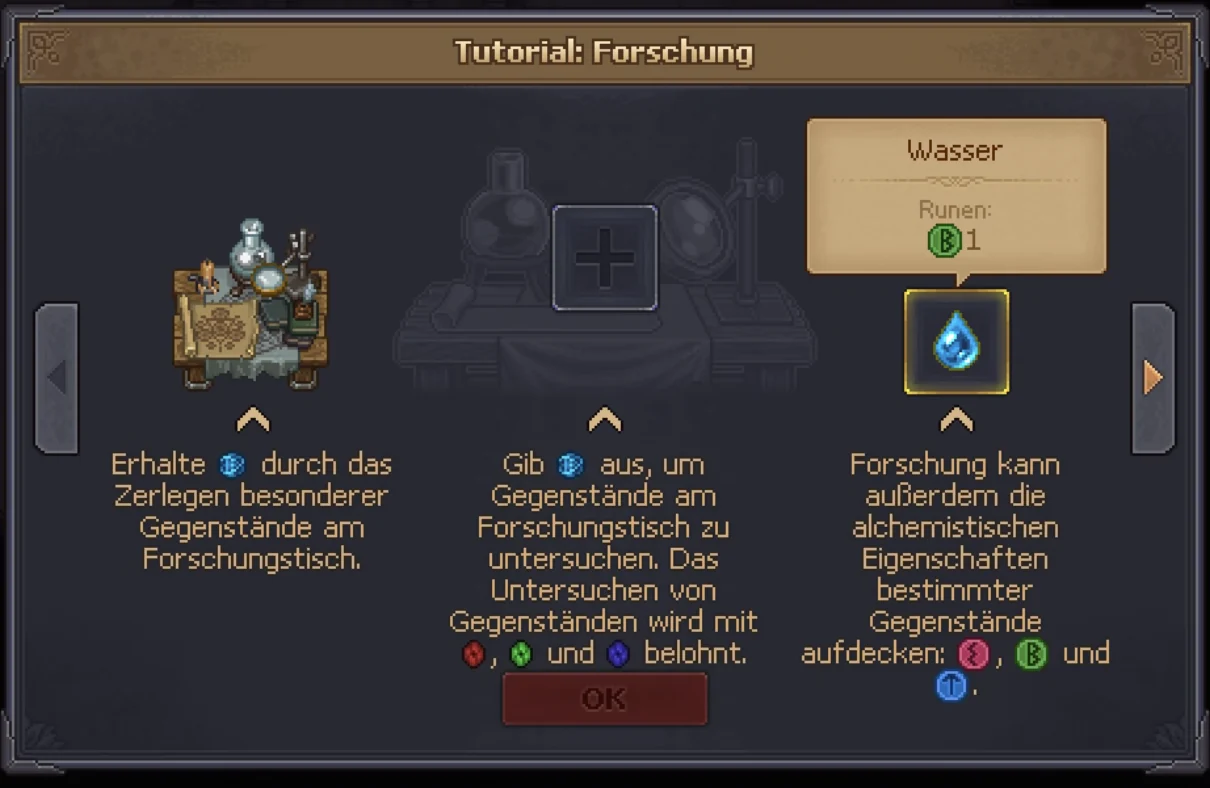 Forschungstutorial mit Forschungsressource und roten, grünen und blauen Technologiepunkten