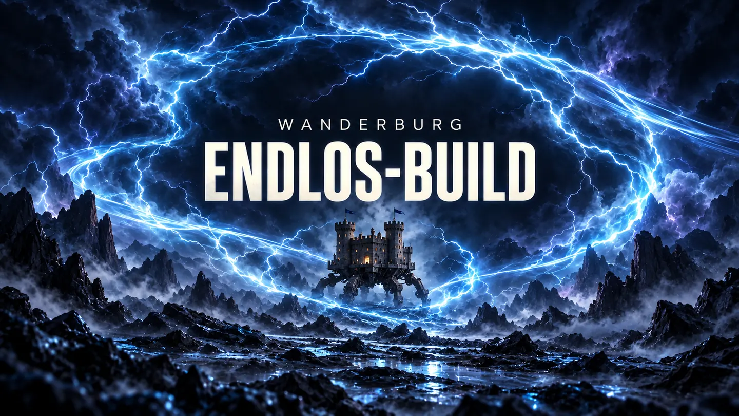 Wanderburg Endlos-Build: symbolische Spinnenburg zwischen blauen Blitzen