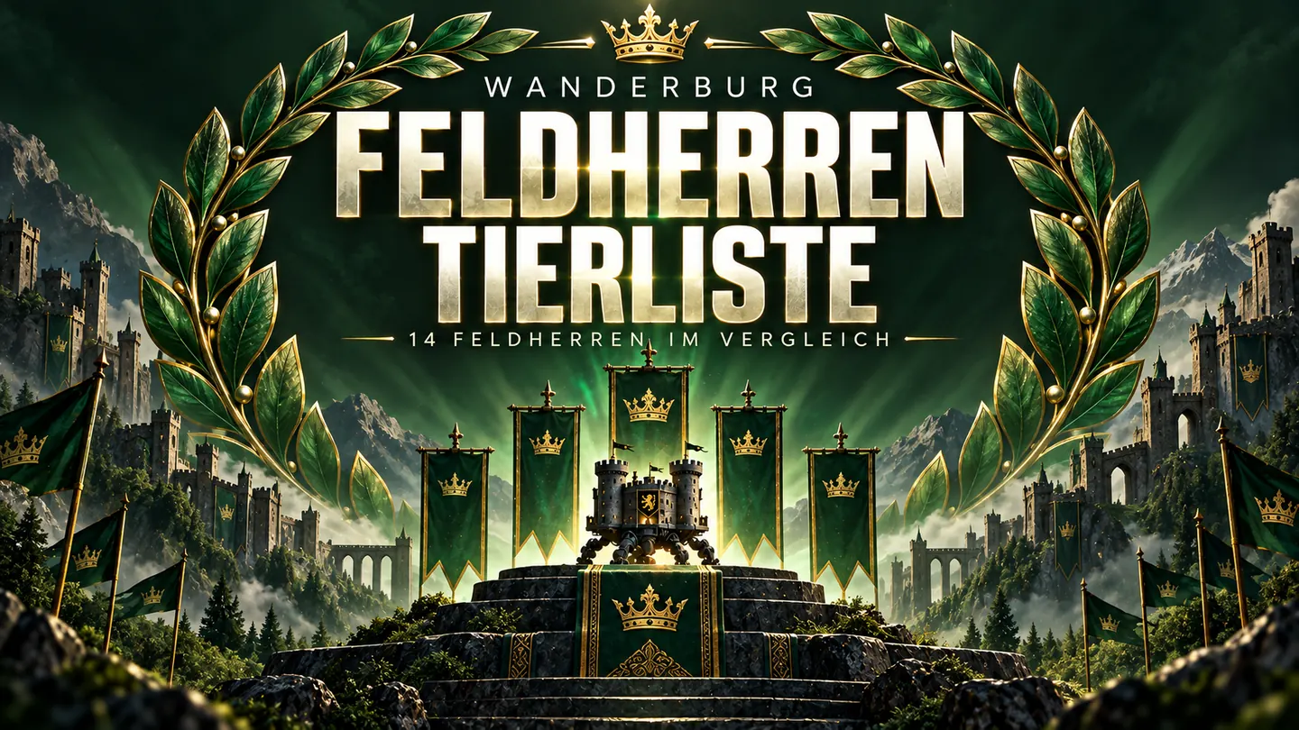 Wanderburg Feldherren-Tierliste – Burg mit grünem Lorbeerkranz und goldener Krone
