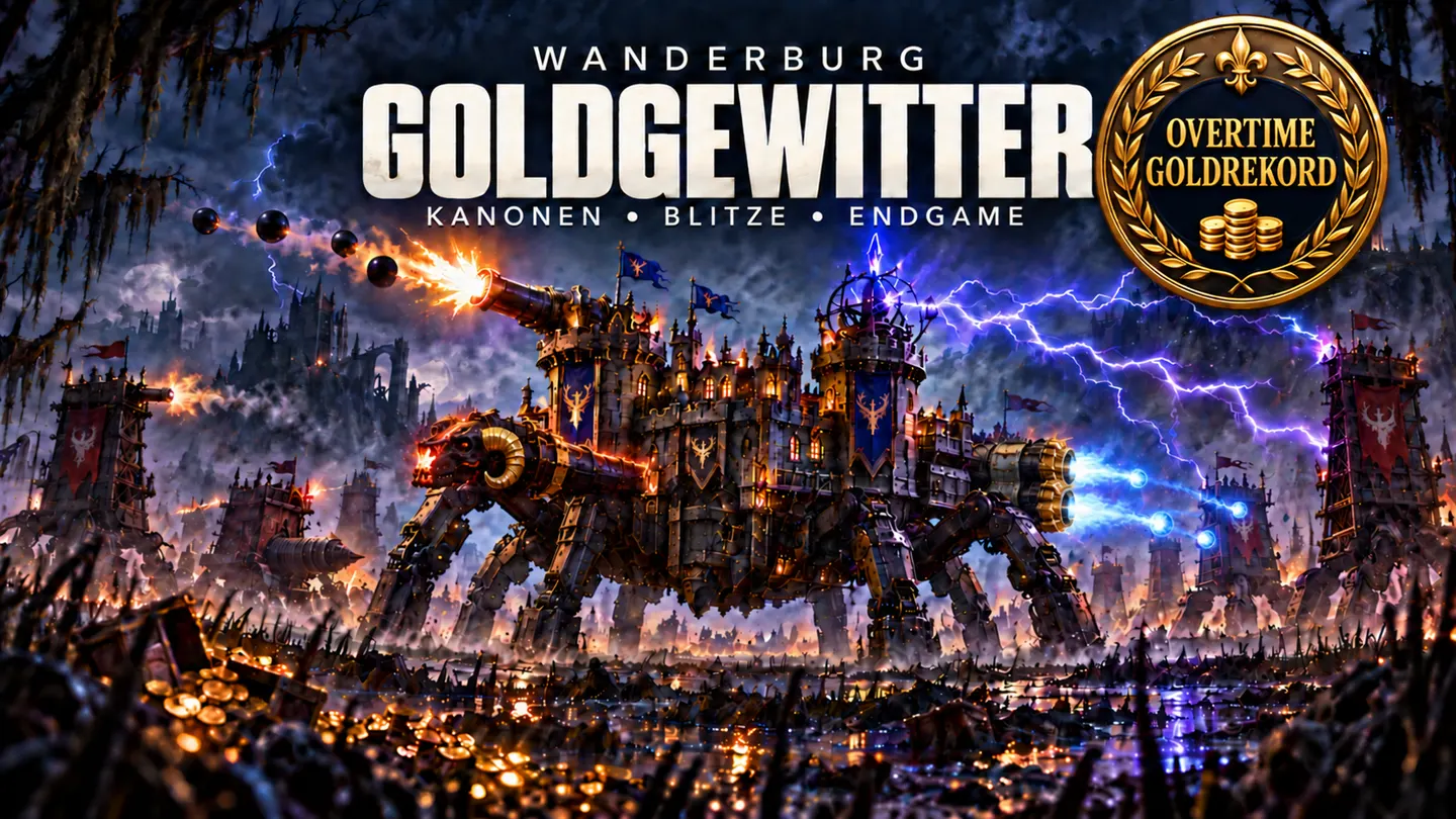 Goldgewitter-Build: Spinnenburg mit schwarz-goldenem Rammbock, blauem Spurtfeuer und goldenem Overtime-Goldrekord-Siegel – Illustration