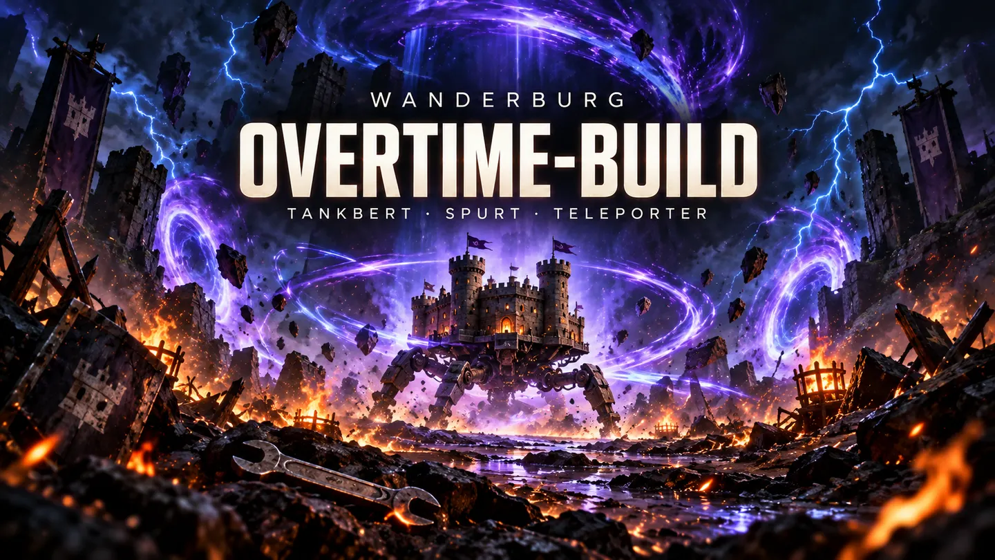 Spinnenburg zwischen violetten Teleportbögen und Blitzen – Overtime-Build mit Tankbert